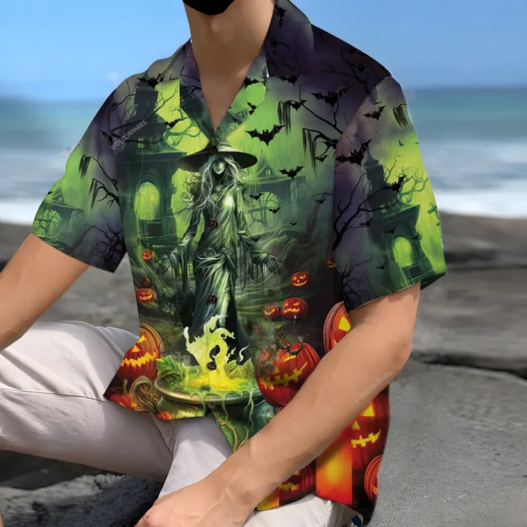 Horror Witch Hawaiian Shirt For Men Women, Witch Pumpkin Halloween Aloha Button Down Short Sleeve Shirt, Halloween Hawaiian Style Shirts