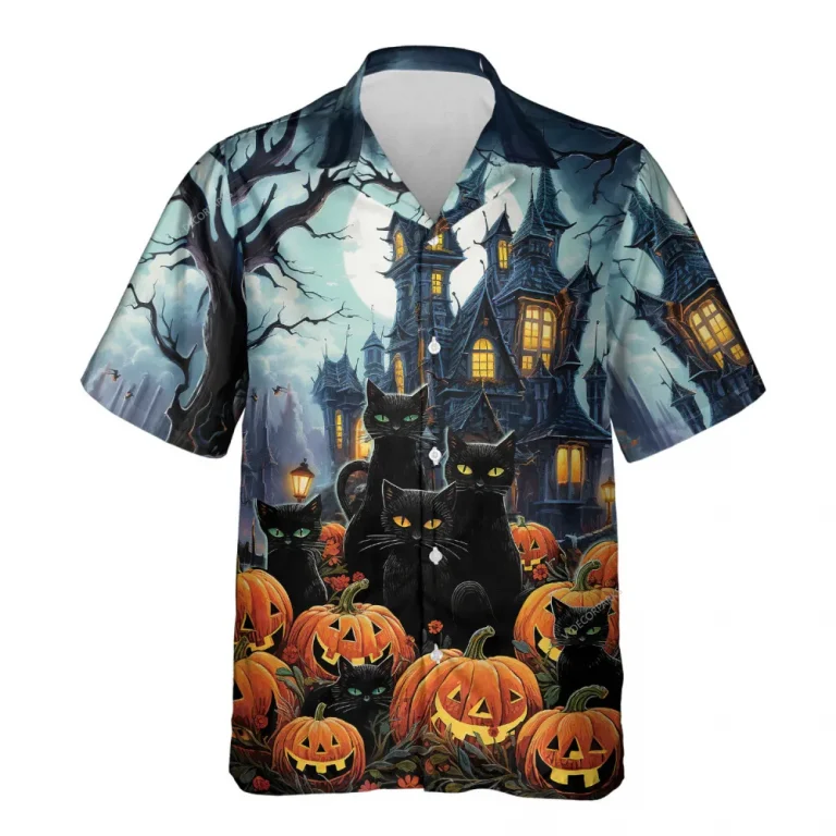 Horror Black Cat Pumpkin Hawaiian Shirt For Men Women, Witch Pumpkin Cat Halloween Aloha Button Down Short Sleeve Shirt, Halloween Summer Beach Shirts