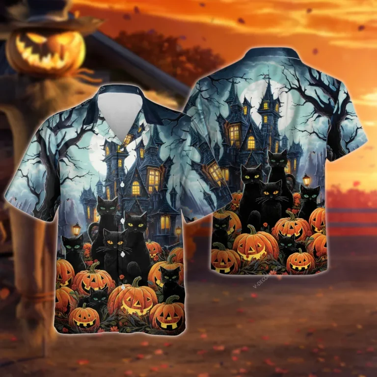 Horror Black Cat Pumpkin Hawaiian Shirt For Men Women, Witch Pumpkin Cat Halloween Aloha Button Down Short Sleeve Shirt, Halloween Summer Beach Shirts
