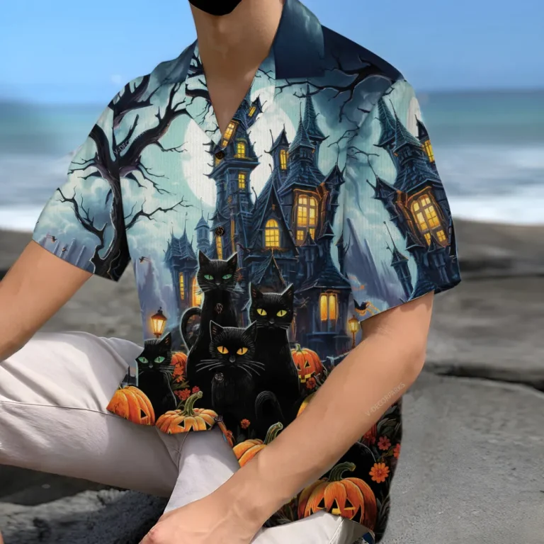 Horror Black Cat Pumpkin Hawaiian Shirt For Men Women, Witch Pumpkin Cat Halloween Aloha Button Down Short Sleeve Shirt, Halloween Summer Beach Shirts