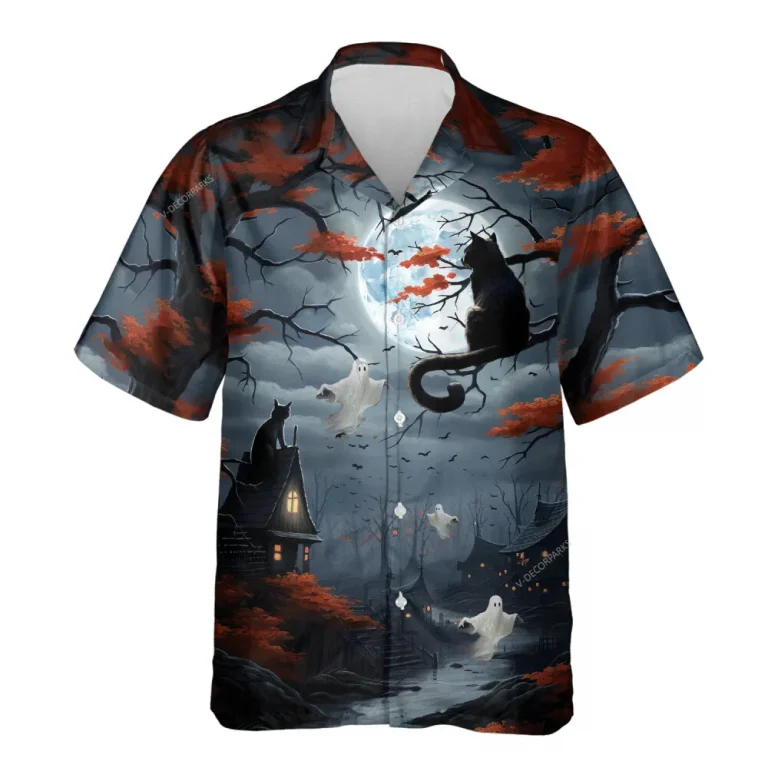 Black Cat Ghost Hawaiian Shirt For Men Women, Spooky Black Cat Halloween Aloha Button Down Short Sleeve Shirt, Halloween Hawaiian Style Shirts