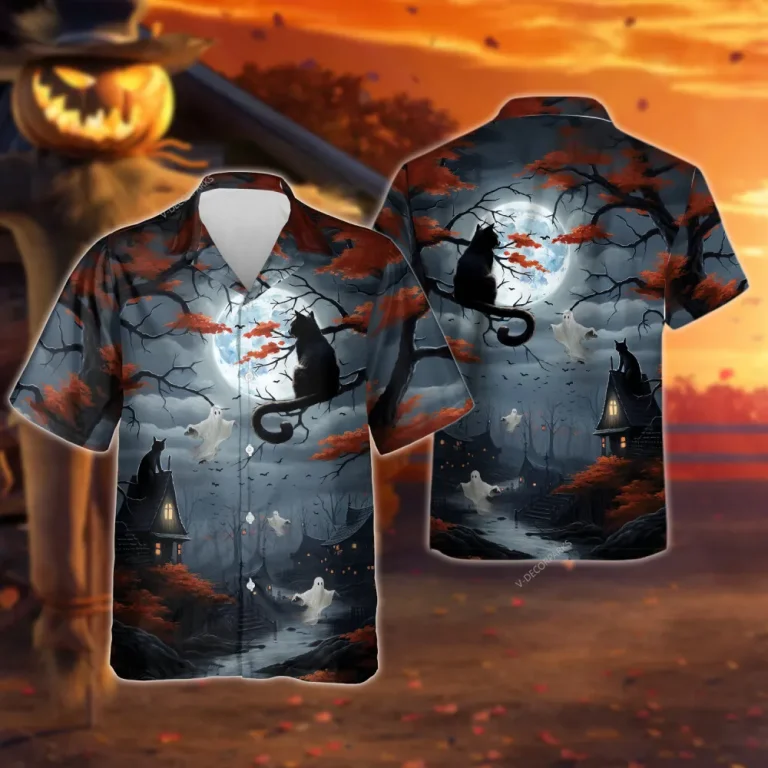 Black Cat Ghost Hawaiian Shirt For Men Women, Spooky Black Cat Halloween Aloha Button Down Short Sleeve Shirt, Halloween Hawaiian Style Shirts