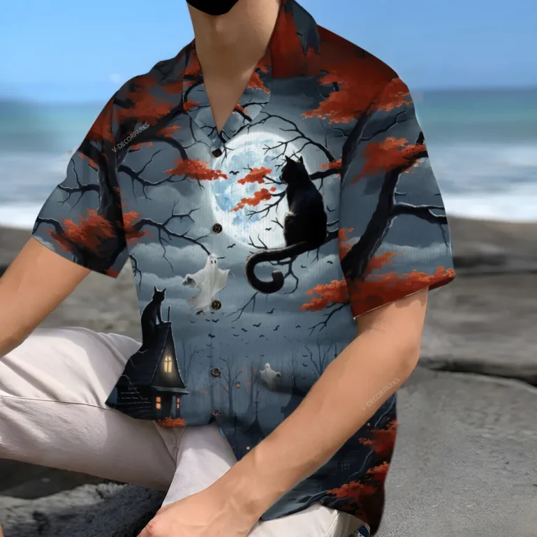 Black Cat Ghost Hawaiian Shirt For Men Women, Spooky Black Cat Halloween Aloha Button Down Short Sleeve Shirt, Halloween Hawaiian Style Shirts