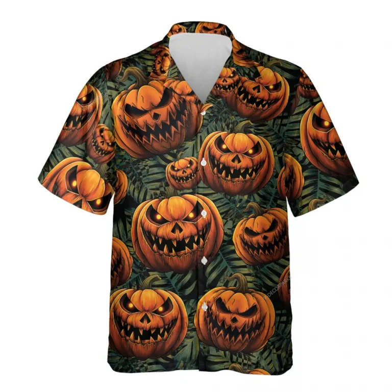 Scary Pumpkin Hawaiian Shirt For Men Women, Pumpkin Halloween Aloha Button Down Short Sleeve Shirt, Halloween Horror Unisex Hawaiian Shirts