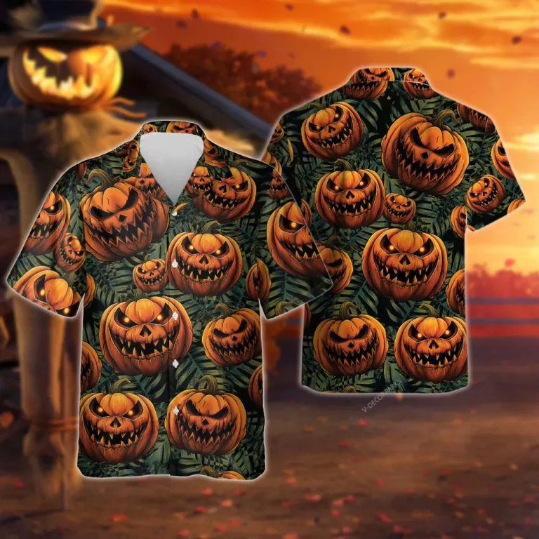 Scary Pumpkin Hawaiian Shirt For Men Women, Pumpkin Halloween Aloha Button Down Short Sleeve Shirt, Halloween Horror Unisex Hawaiian Shirts