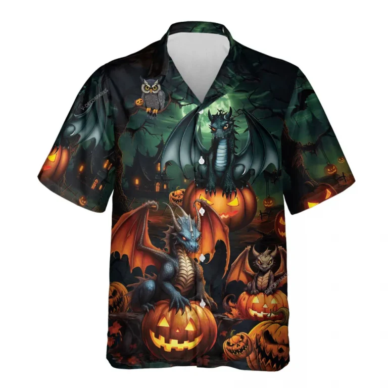 Horror Pumpkin Dragon Hawaiian Shirt For Men Women, Pumpkin Night Halloween Aloha Button Down Short Sleeve Shirt, Halloween Hawaiian Style Shirts