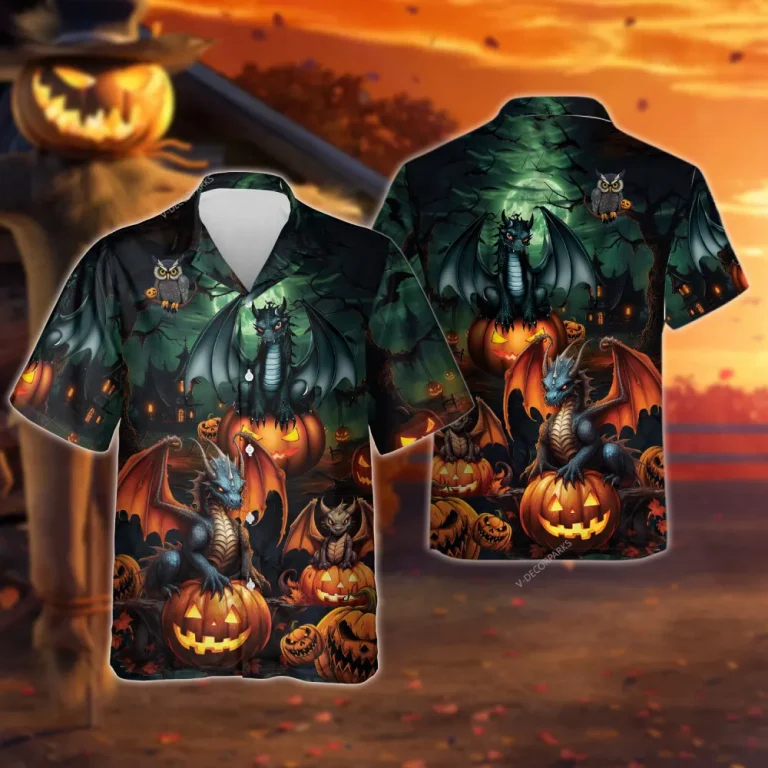 Horror Pumpkin Dragon Hawaiian Shirt For Men Women, Pumpkin Night Halloween Aloha Button Down Short Sleeve Shirt, Halloween Hawaiian Style Shirts