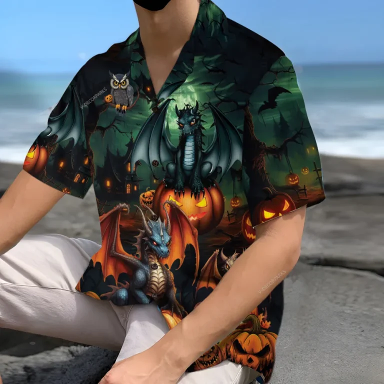 Horror Pumpkin Dragon Hawaiian Shirt For Men Women, Pumpkin Night Halloween Aloha Button Down Short Sleeve Shirt, Halloween Hawaiian Style Shirts