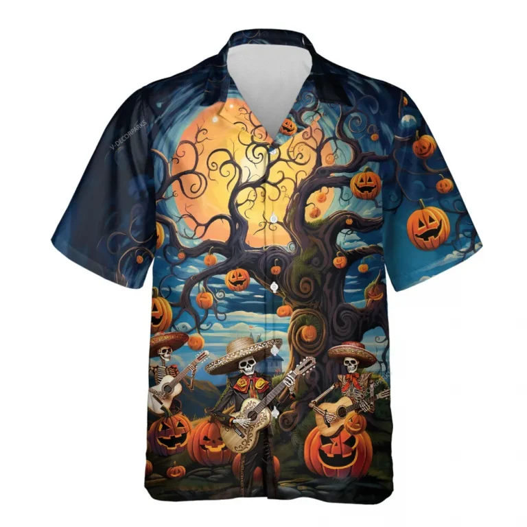 Skeleton Monster Unisex Hawaiian Shirts, Funny Halloween Monster Forest Aloha Beach Shirt, Pumpkin Pattern Button Down Short Sleeve Shirts