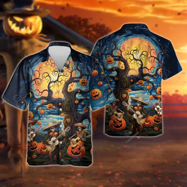 Skeleton Monster Unisex Hawaiian Shirts, Funny Halloween Monster Forest Aloha Beach Shirt, Pumpkin Pattern Button Down Short Sleeve Shirts