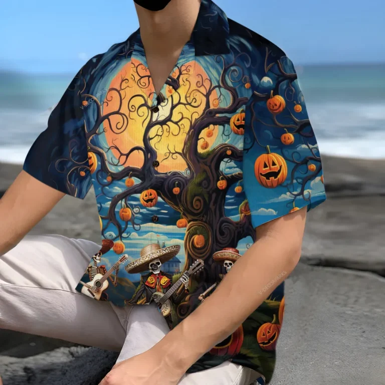 Skeleton Monster Unisex Hawaiian Shirts, Funny Halloween Monster Forest Aloha Beach Shirt, Pumpkin Pattern Button Down Short Sleeve Shirts