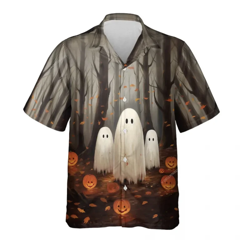 Lonely Ghost Unisex Hawaiian Shirts, Halloween Pumpkin Ghost Aloha Beach Shirt, Horror Pattern Button Down Short Sleeve Shirts