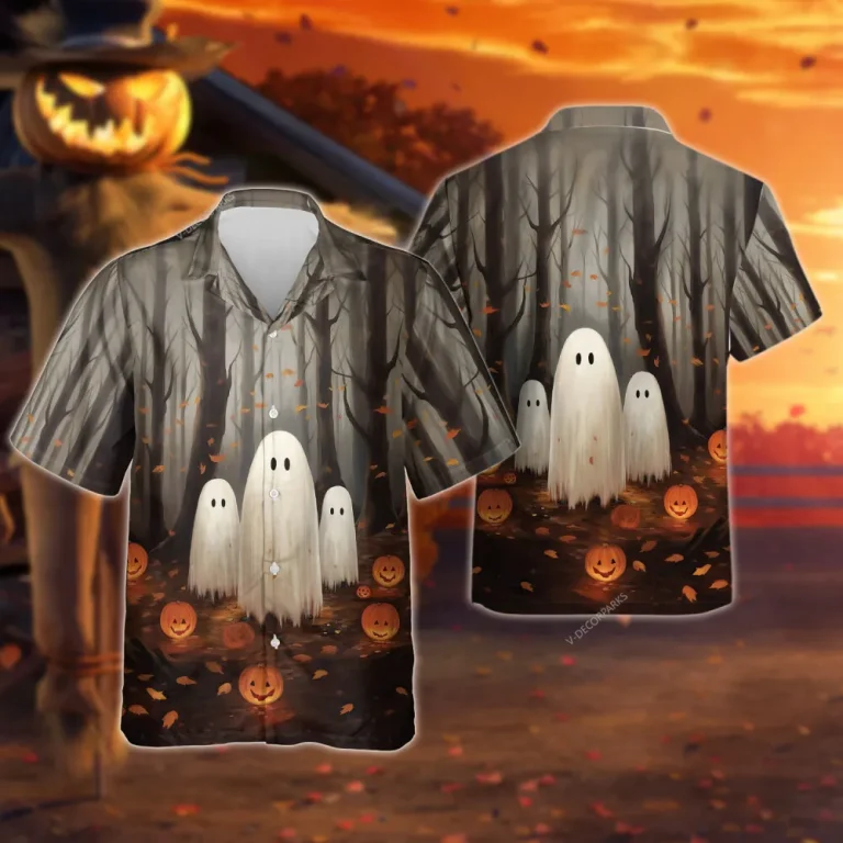 Lonely Ghost Unisex Hawaiian Shirts, Halloween Pumpkin Ghost Aloha Beach Shirt, Horror Pattern Button Down Short Sleeve Shirts