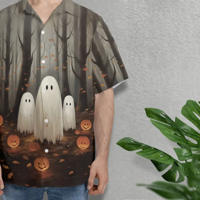 Lonely Ghost Unisex Hawaiian Shirts, Halloween Pumpkin Ghost Aloha Beach Shirt, Horror Pattern Button Down Short Sleeve Shirts