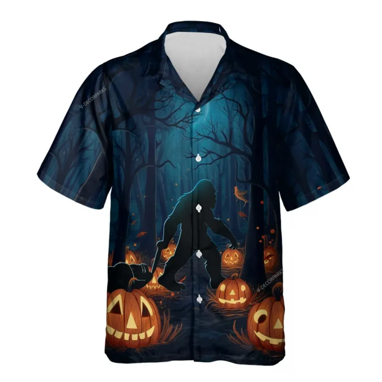 Bigfoot Unisex Hawaiian Shirts, Halloween Sasquatch Aloha Beach Shirt, Horror Pumpkin Pattern Button Down Short Sleeve Shirts