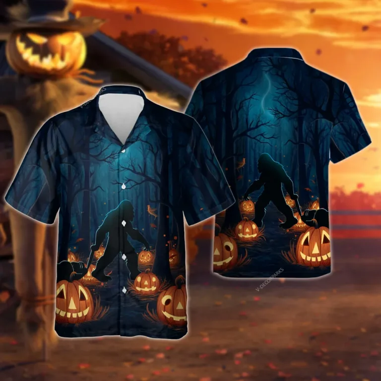 Bigfoot Unisex Hawaiian Shirts, Halloween Sasquatch Aloha Beach Shirt, Horror Pumpkin Pattern Button Down Short Sleeve Shirts