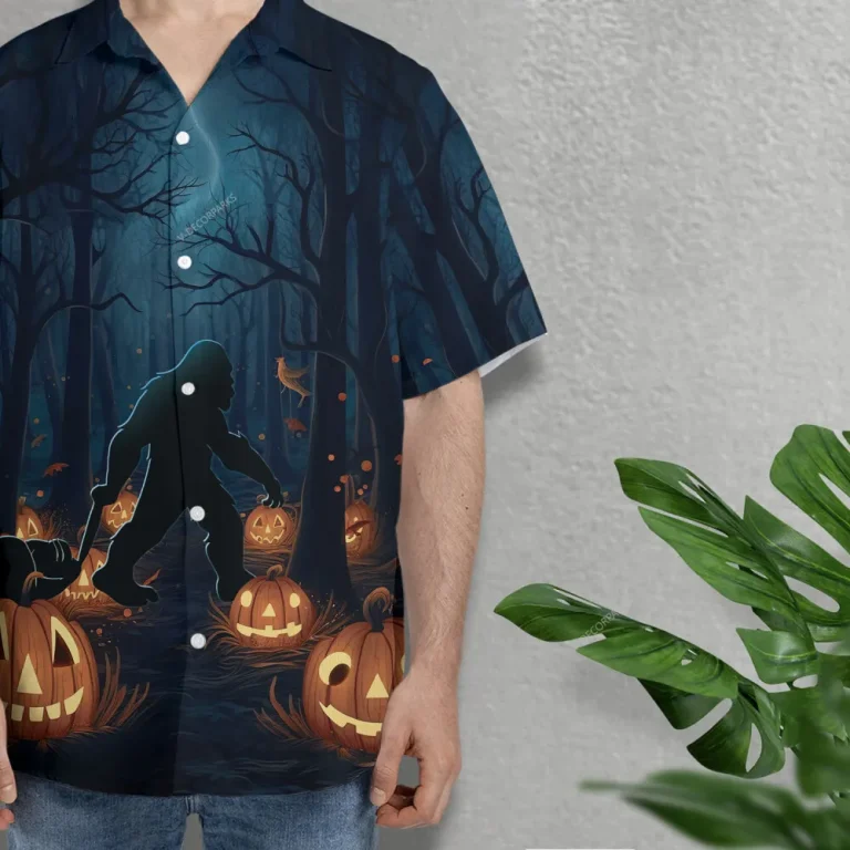 Bigfoot Unisex Hawaiian Shirts, Halloween Sasquatch Aloha Beach Shirt, Horror Pumpkin Pattern Button Down Short Sleeve Shirts
