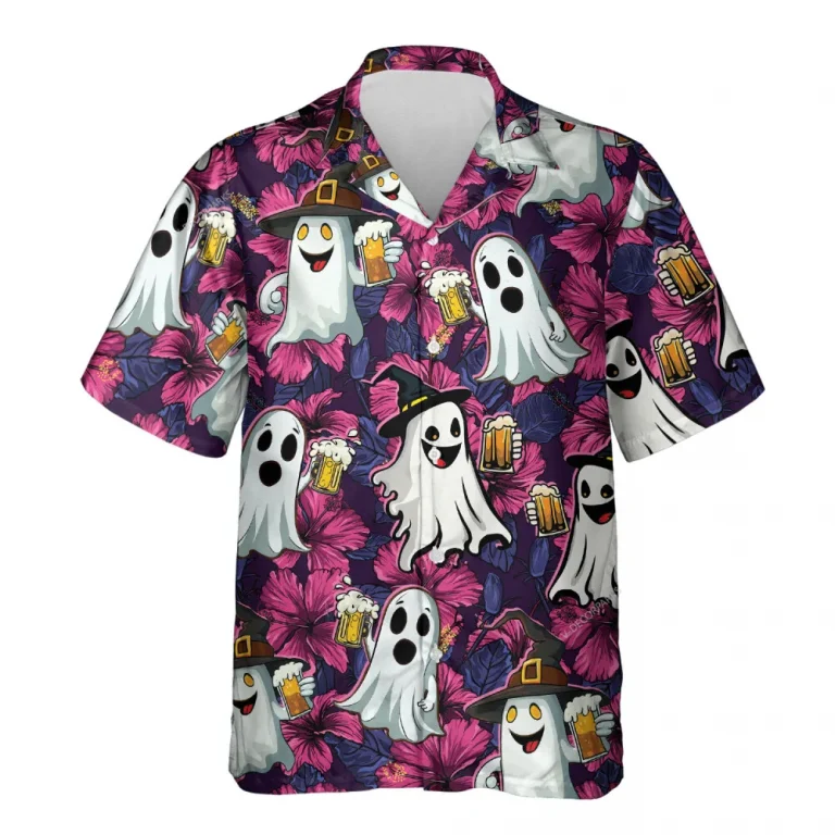 Beer Ghost Unisex Hawaiian Shirts, Halloween Funny Ghost Aloha Beach Shirt, Horror Movies Pattern Button Down Short Sleeve Shirts