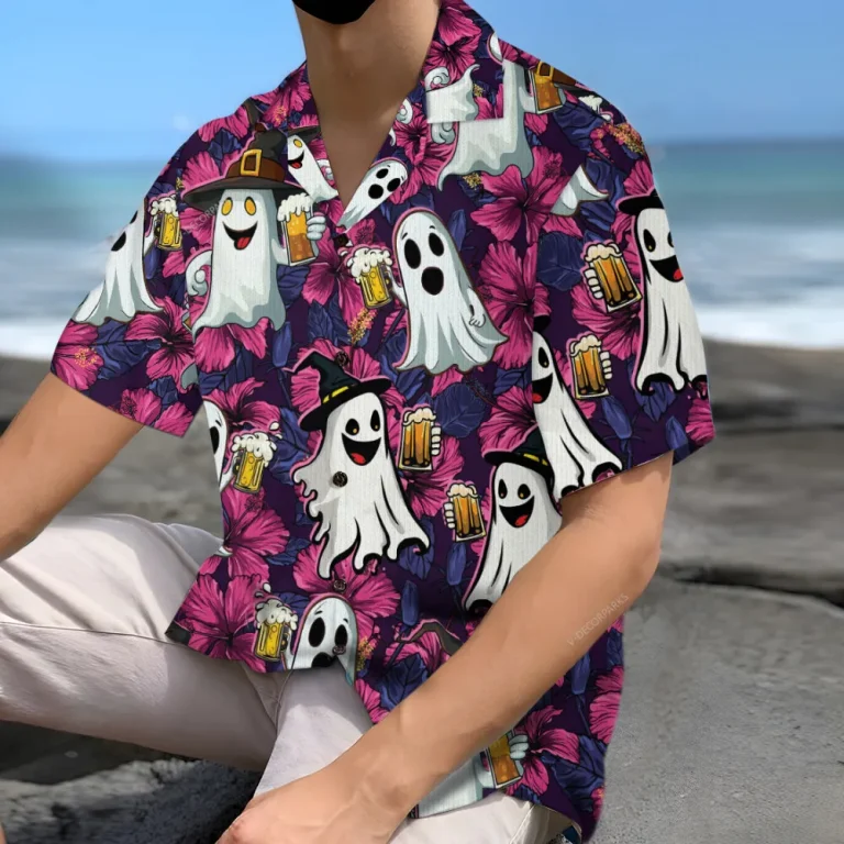 Beer Ghost Unisex Hawaiian Shirts, Halloween Funny Ghost Aloha Beach Shirt, Horror Movies Pattern Button Down Short Sleeve Shirts