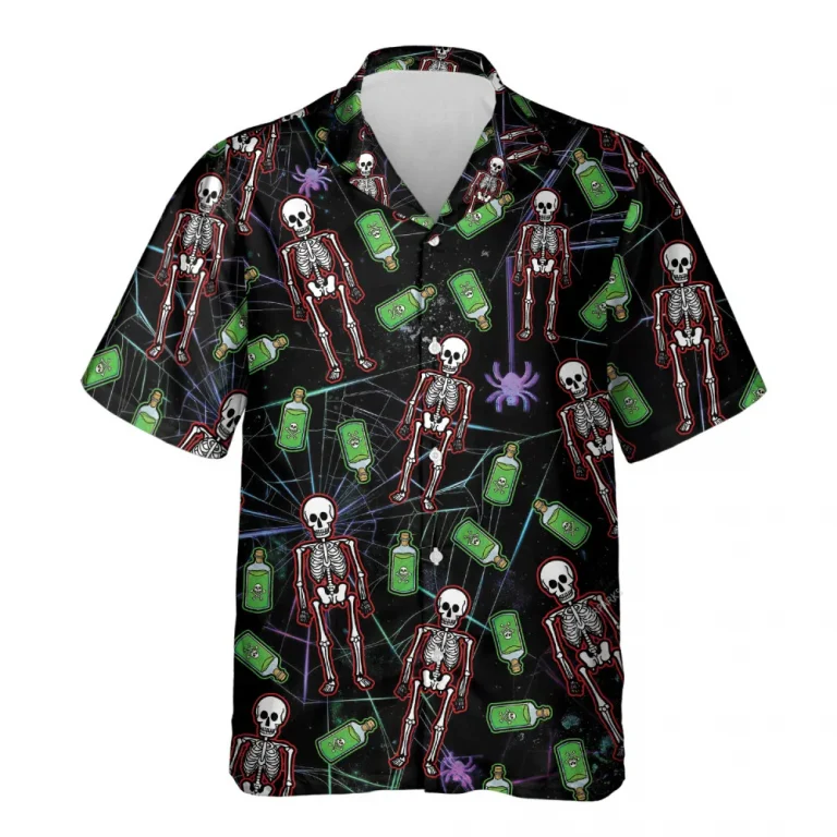 Spooky Skeleton Unisex Hawaiian Shirts, Halloween Skeleton Aloha Beach Shirt, Deadly Poison Pattern Button Down Short Sleeve Shirts