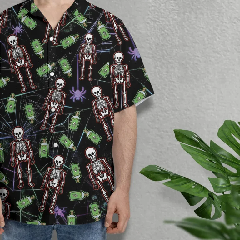 Spooky Skeleton Unisex Hawaiian Shirts, Halloween Skeleton Aloha Beach Shirt, Deadly Poison Pattern Button Down Short Sleeve Shirts