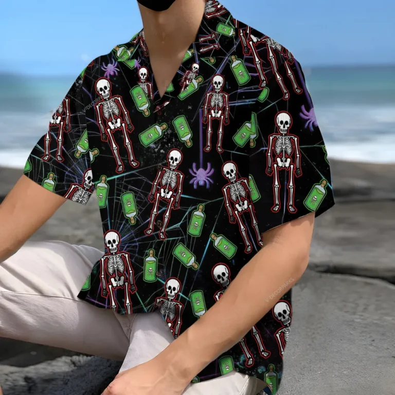 Spooky Skeleton Unisex Hawaiian Shirts, Halloween Skeleton Aloha Beach Shirt, Deadly Poison Pattern Button Down Short Sleeve Shirts