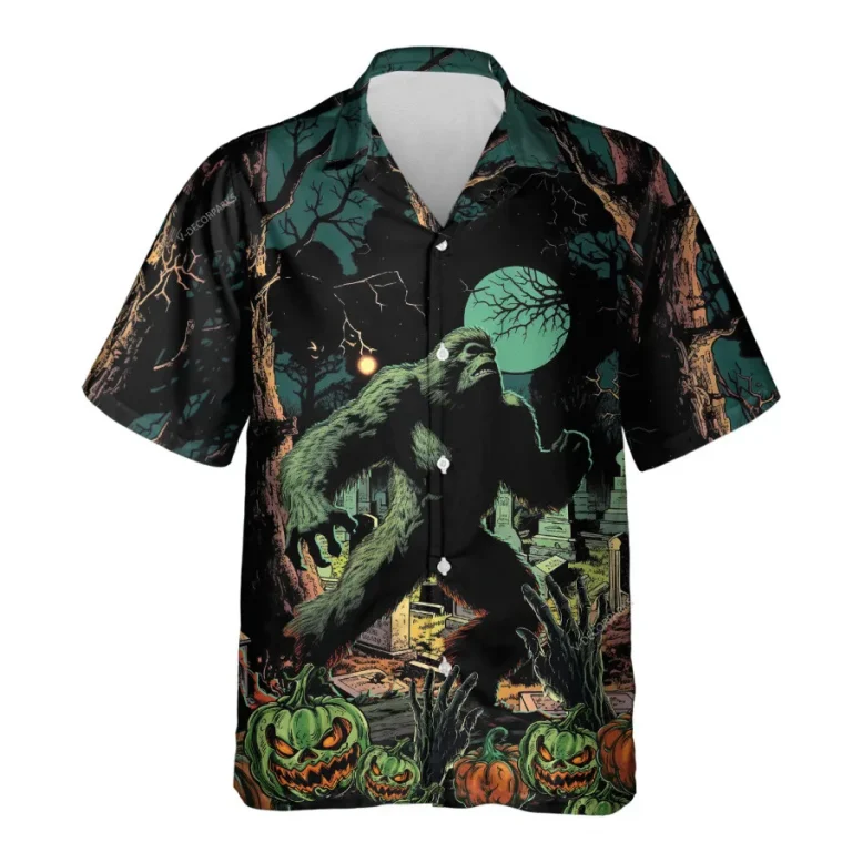 Great Bigfoot Hawaiian Shirt For Men, Halloween Spooky Hawaiian Shirt Men's Button Up Short Sleeves, Carved Pumpkin Costume, Dark Forest Clothing
