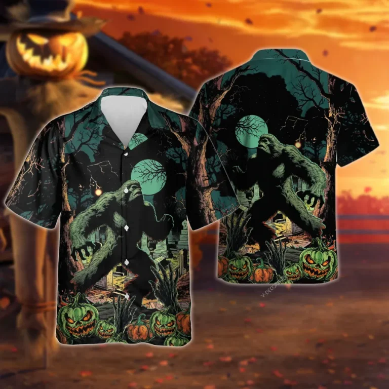 Great Bigfoot Hawaiian Shirt For Men, Halloween Spooky Hawaiian Shirt Men's Button Up Short Sleeves, Carved Pumpkin Costume, Dark Forest Clothing