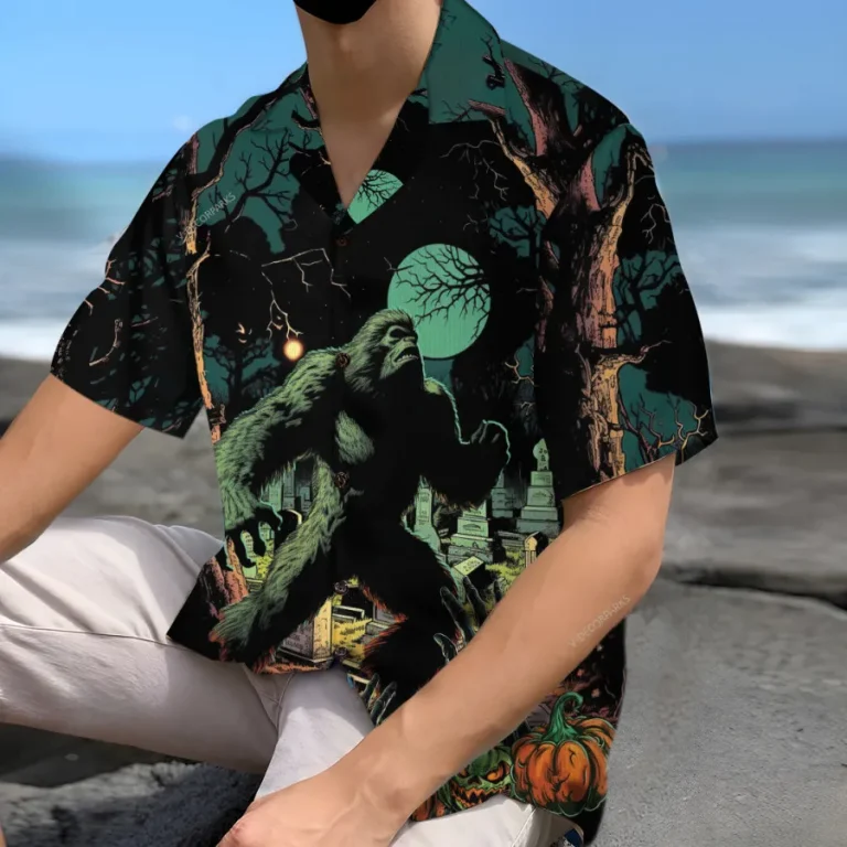 Great Bigfoot Hawaiian Shirt For Men, Halloween Spooky Hawaiian Shirt Men's Button Up Short Sleeves, Carved Pumpkin Costume, Dark Forest Clothing