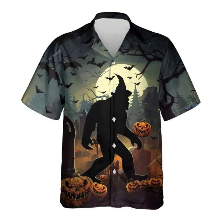 Bigfoot Shadow Hawaiian Shirts For You, Scary Ape Halloween Funny Hawaiian Shirt Button Up Short Sleeve, Pumpkin Tomb Costume