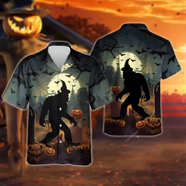 Bigfoot Shadow Hawaiian Shirts For You, Scary Ape Halloween Funny Hawaiian Shirt Button Up Short Sleeve, Pumpkin Tomb Costume