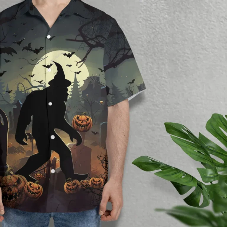 Bigfoot Shadow Hawaiian Shirts For You, Scary Ape Halloween Funny Hawaiian Shirt Button Up Short Sleeve, Pumpkin Tomb Costume