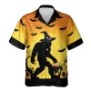 Bigfoot Wears Witch's Hat Hawaii Shirt For Men, Halloween Flying Bats Aloha Shirt, Spooky Forest Printed Men's Button Down Top, Bigfoot Costume
