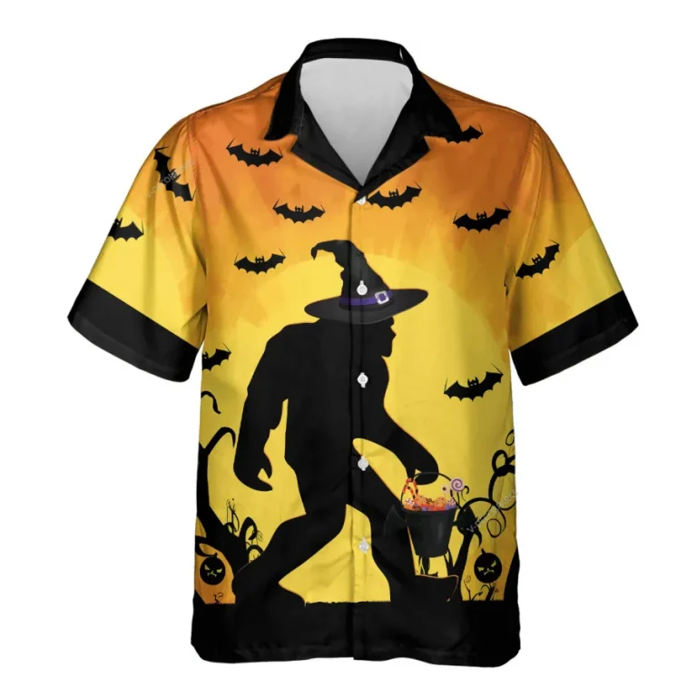 Bigfoot Wears Witch's Hat Hawaii Shirt For Men, Halloween Flying Bats Aloha Shirt, Spooky Forest Printed Men's Button Down Top, Bigfoot Costume