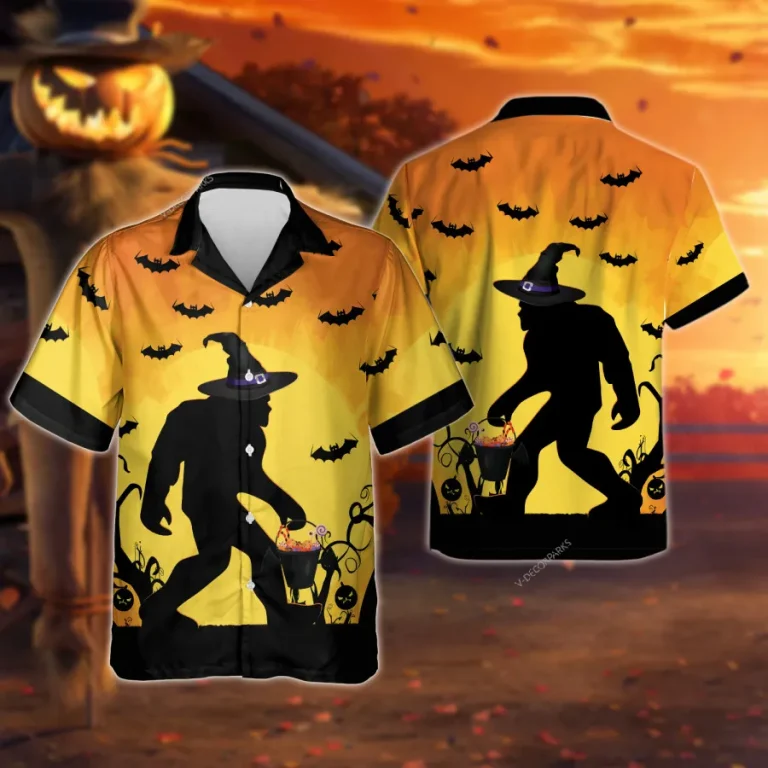 Bigfoot Wears Witch's Hat Hawaii Shirt For Men, Halloween Flying Bats Aloha Shirt, Spooky Forest Printed Men's Button Down Top, Bigfoot Costume