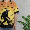 Bigfoot Wears Witch's Hat Hawaii Shirt For Men, Halloween Flying Bats Aloha Shirt, Spooky Forest Printed Men's Button Down Top, Bigfoot Costume