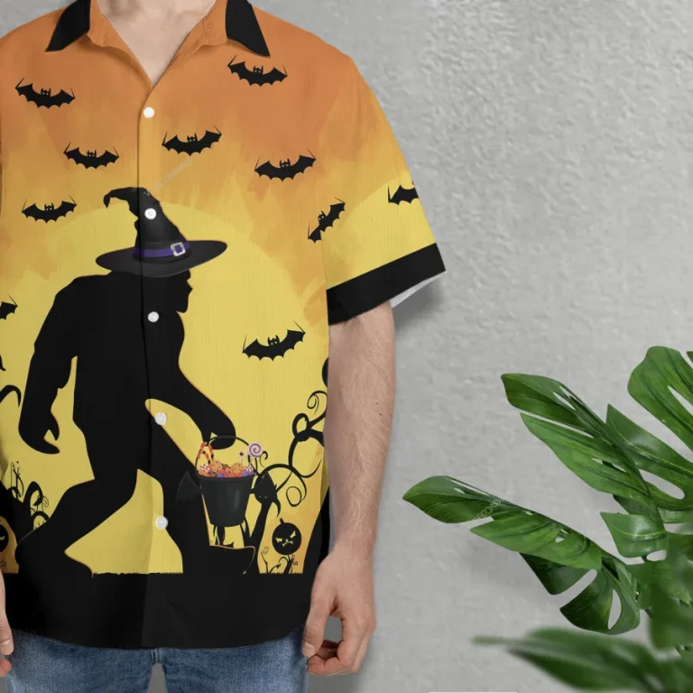 Bigfoot Wears Witch's Hat Hawaii Shirt For Men, Halloween Flying Bats Aloha Shirt, Spooky Forest Printed Men's Button Down Top, Bigfoot Costume