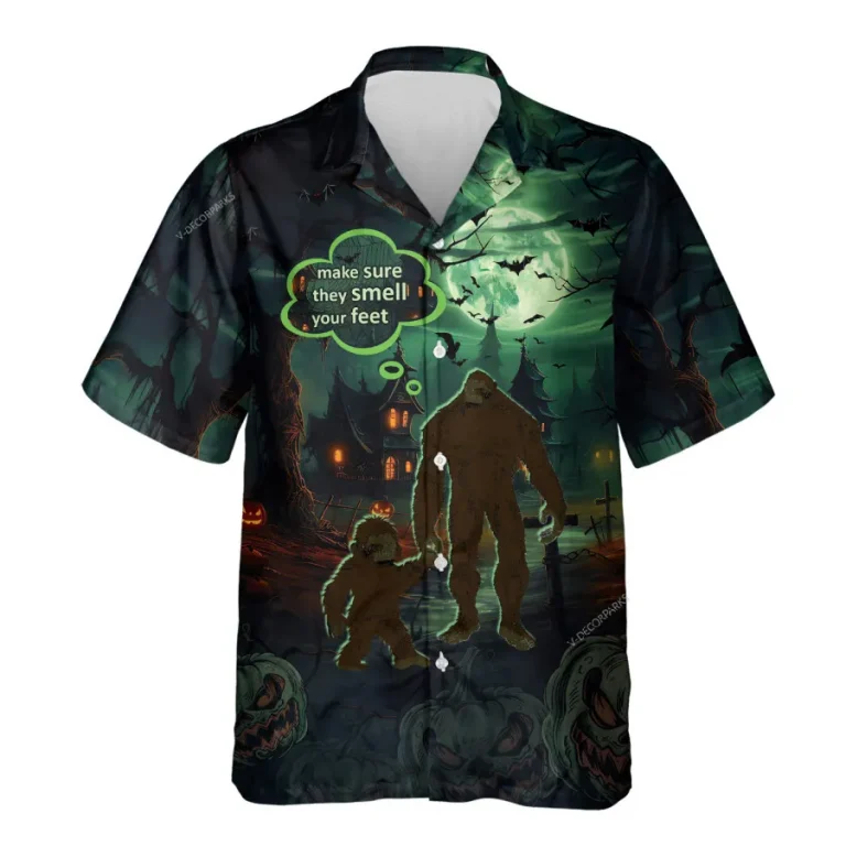 Bigfoot Family Hawaiian Shirts For Men, Halloween Father And Son Hawaiian Shirt, Creepy Button Up Short Sleeves, Deep Dark Forest Printed Costume