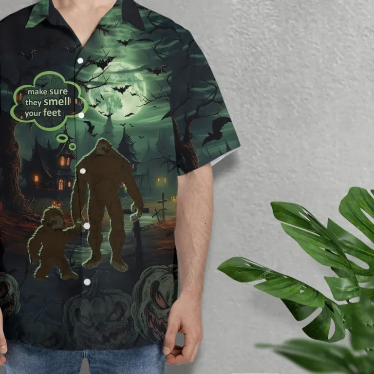 Bigfoot Family Hawaiian Shirts For Men, Halloween Father And Son Hawaiian Shirt, Creepy Button Up Short Sleeves, Deep Dark Forest Printed Costume