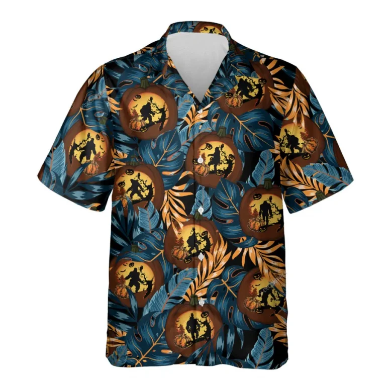Bigfoot Carved Pumpkin Hawaiian Shirts For Men, Halloween Mysterious Creature Aloha Shirt, Men's Button Up Short Sleeves, Lantern Costume