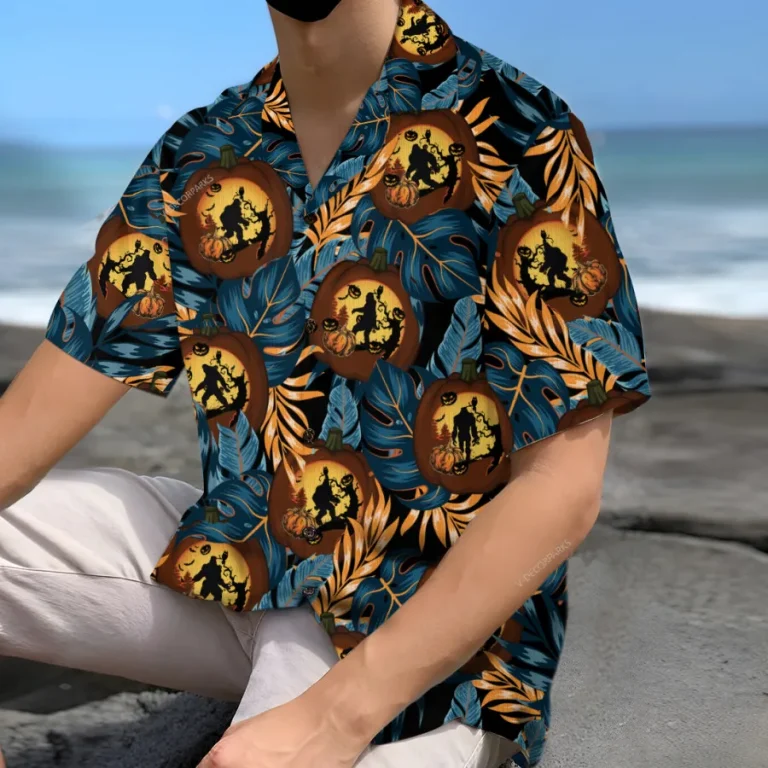 Bigfoot Carved Pumpkin Hawaiian Shirts For Men, Halloween Mysterious Creature Aloha Shirt, Men's Button Up Short Sleeves, Lantern Costume