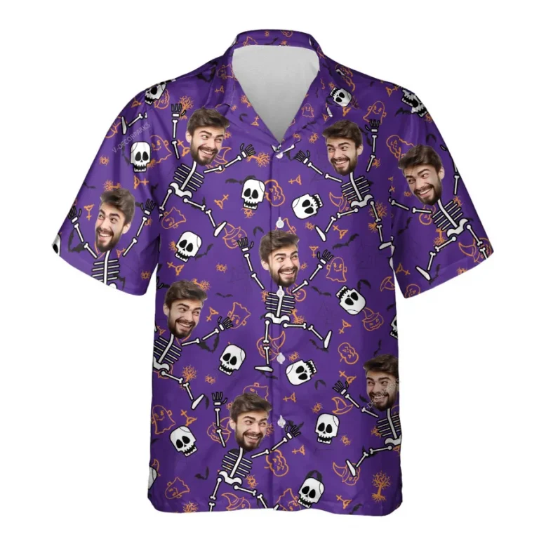 Personalized Face Unisex Aloha Shirt, Skeleton Party Hawaiian Shirt, Bone Printed Men's Button Up Short Sleeve, Custom Halloween Costume
