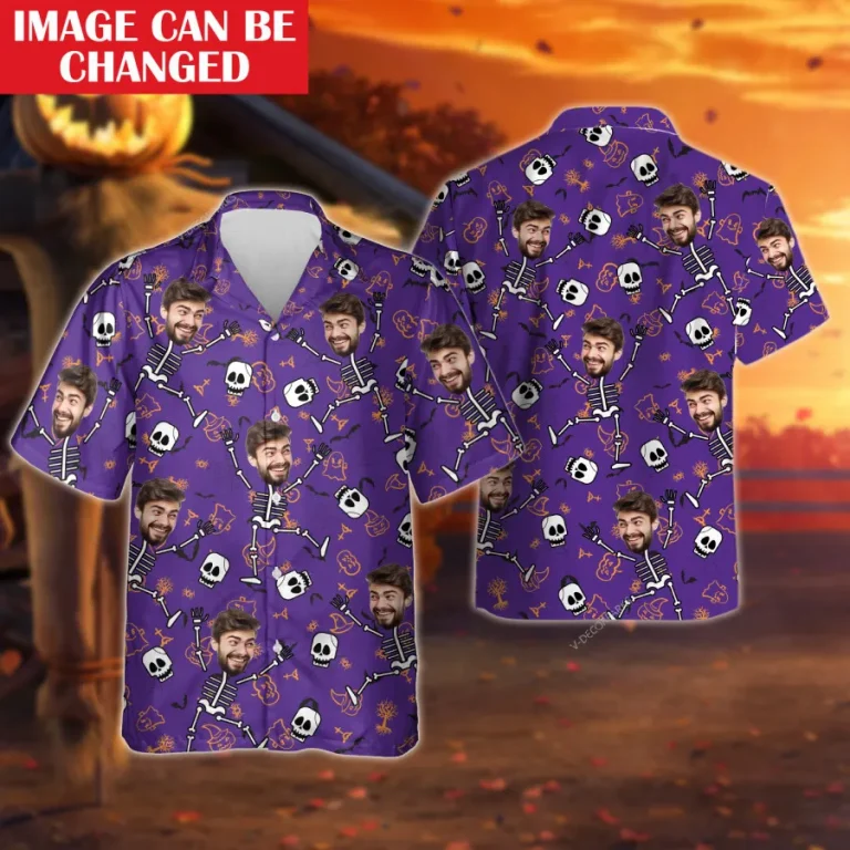Personalized Face Unisex Aloha Shirt, Skeleton Party Hawaiian Shirt, Bone Printed Men's Button Up Short Sleeve, Custom Halloween Costume