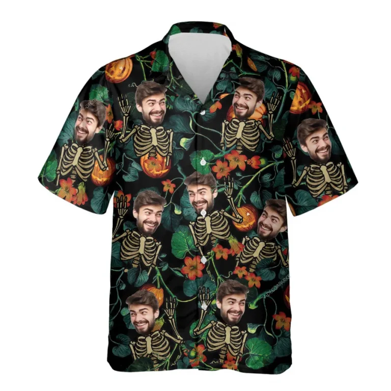 Halloween Custom Face With Skeleton Hawaiian Shirts For Men, Tropical Aloha Shirt, Unisex Button Up Short Sleeve, Halloween Personalized Costume