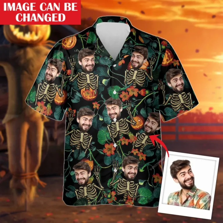 Halloween Custom Face With Skeleton Hawaiian Shirts For Men, Tropical Aloha Shirt, Unisex Button Up Short Sleeve, Halloween Personalized Costume