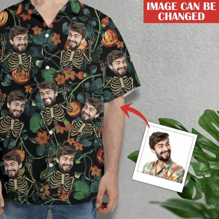 Halloween Custom Face With Skeleton Hawaiian Shirts For Men, Tropical Aloha Shirt, Unisex Button Up Short Sleeve, Halloween Personalized Costume