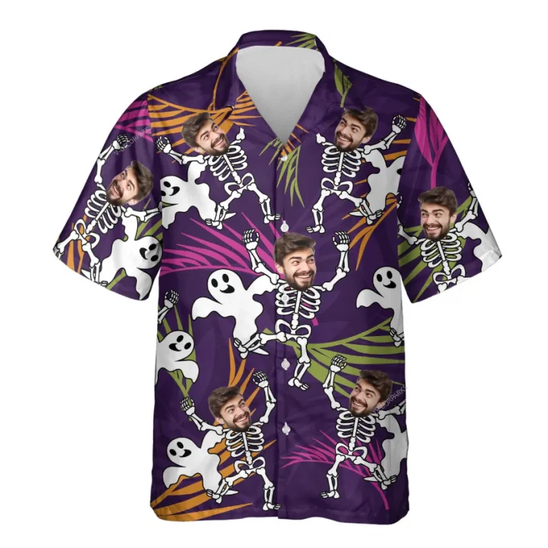 Halloween Customizable Face With Ghost Hawaiian Shirts For Men, Spooky Aloha Shirt, Unisex Button Up Short Sleeve, Halloween Personalized Costume