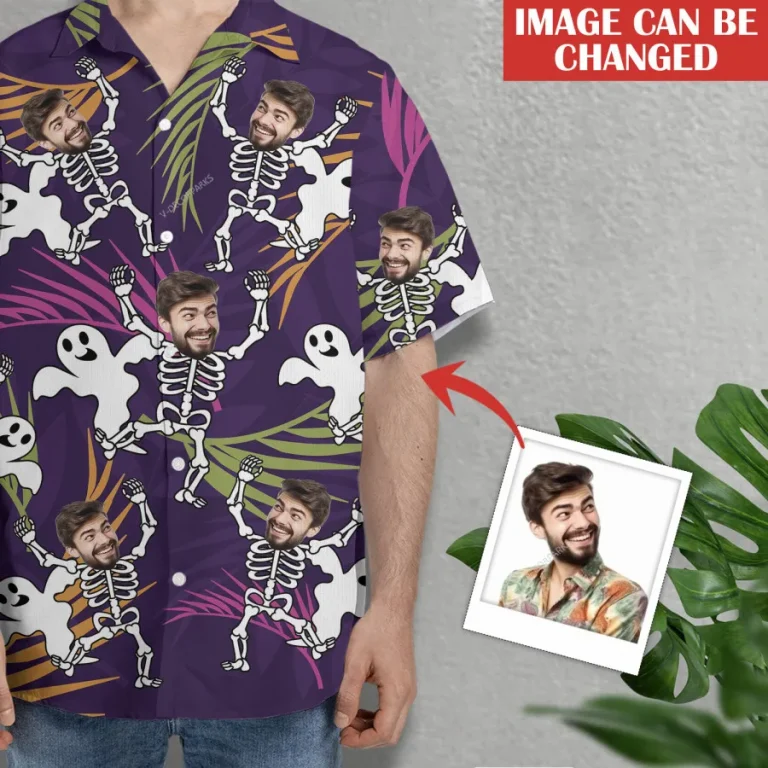 Halloween Customizable Face With Ghost Hawaiian Shirts For Men, Spooky Aloha Shirt, Unisex Button Up Short Sleeve, Halloween Personalized Costume