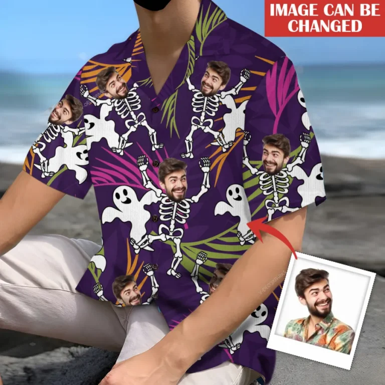 Halloween Customizable Face With Ghost Hawaiian Shirts For Men, Spooky Aloha Shirt, Unisex Button Up Short Sleeve, Halloween Personalized Costume