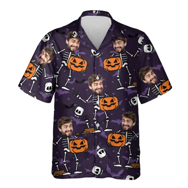 Halloween Custom Face With Skull Hawaiian Shirts For Men, Spooky Aloha Shirt, Flying Bat Unisex Button Up Short Sleeve, Personalized Costume